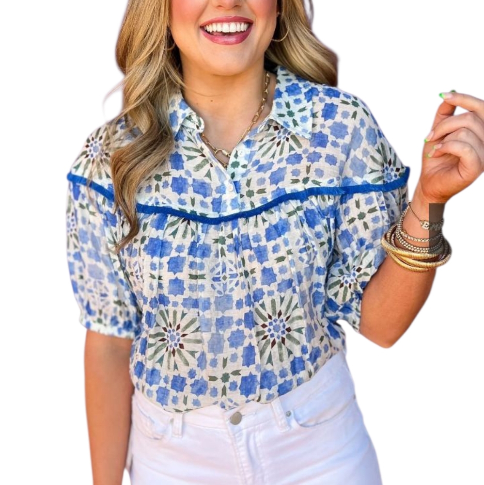 NEW With Tag Voy Fringe Yoke Collared Boho Blouse Top Sz Lg Blue Print NWT